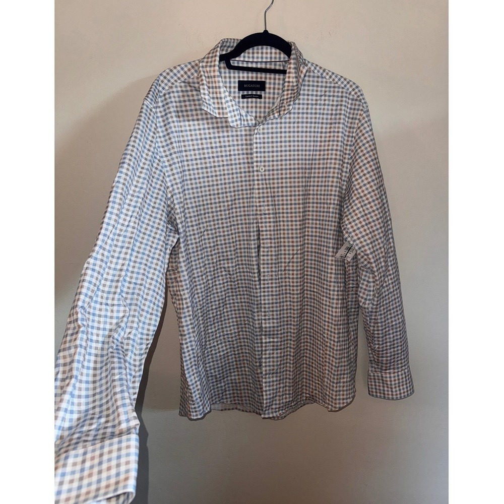Bugatchi Comfort Stretch Mens XL Blue Brown Gingham Plaid Button Down Shirt